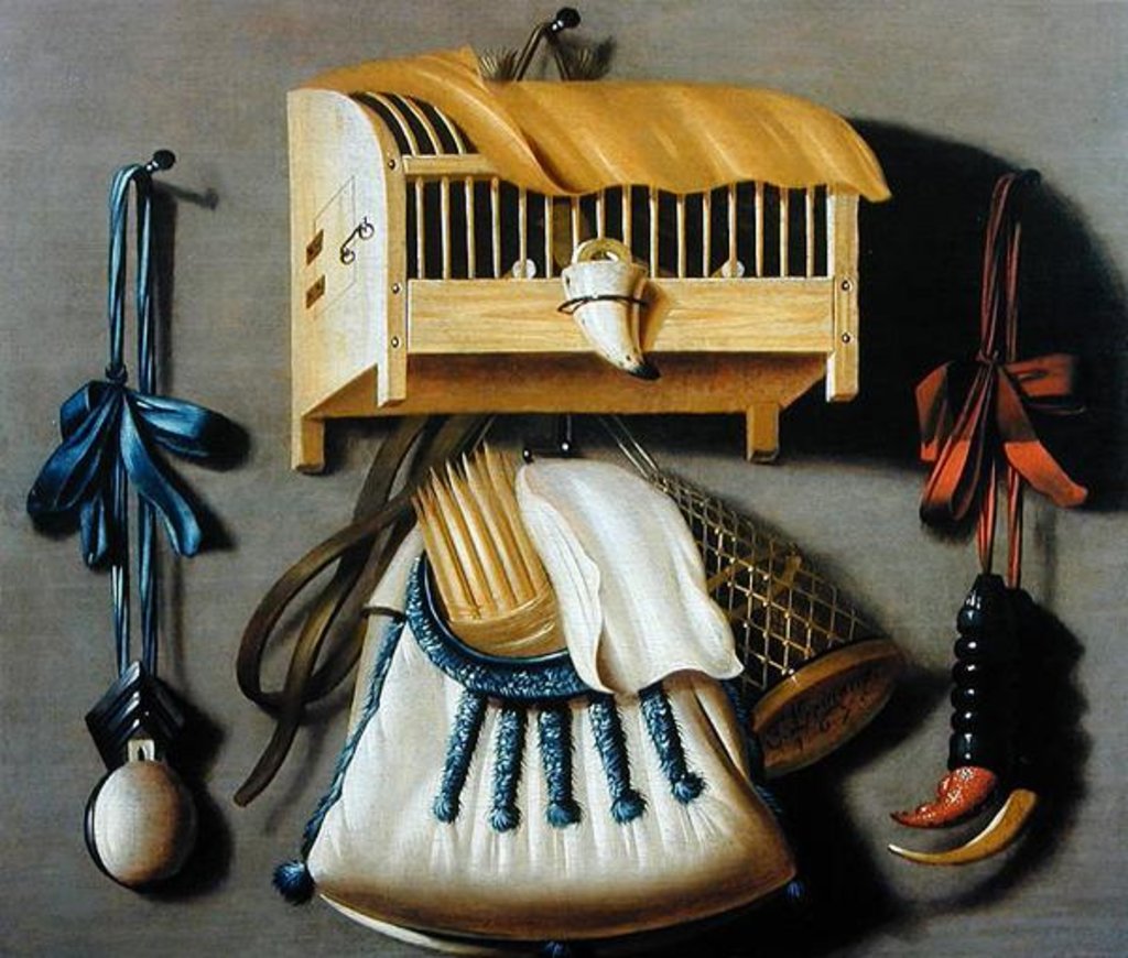 Detail of Trompe l'oeil of hunting equipment and a bird cage by Johannes Leemans