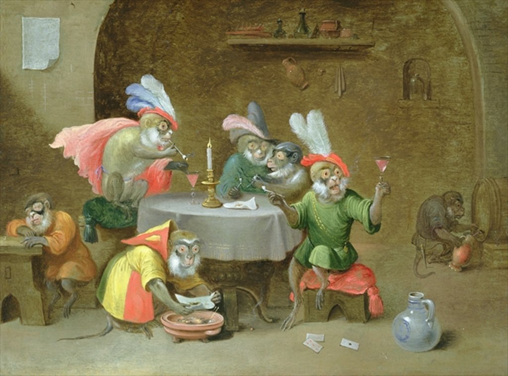 Detail of A Tavern Interior with Monkeys drinking and smoking by Ferdinand van Kessel