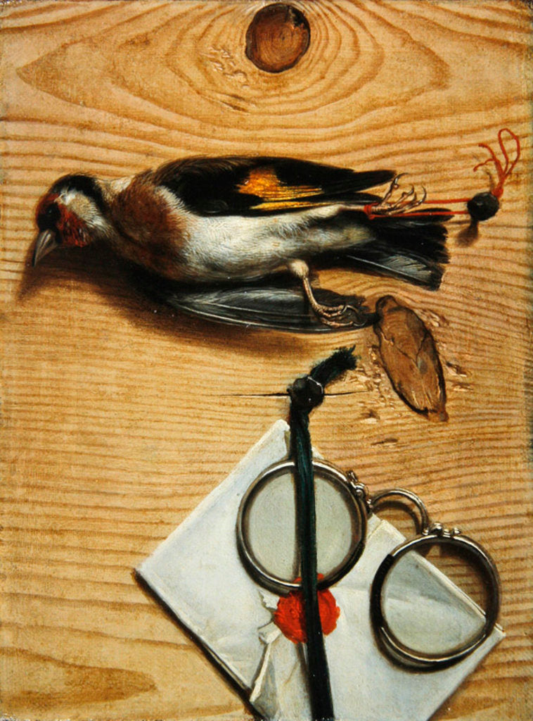 Detail of A tromple l'oeil of a pair of spectacles and a finch, 1740 by Conrad Manlich