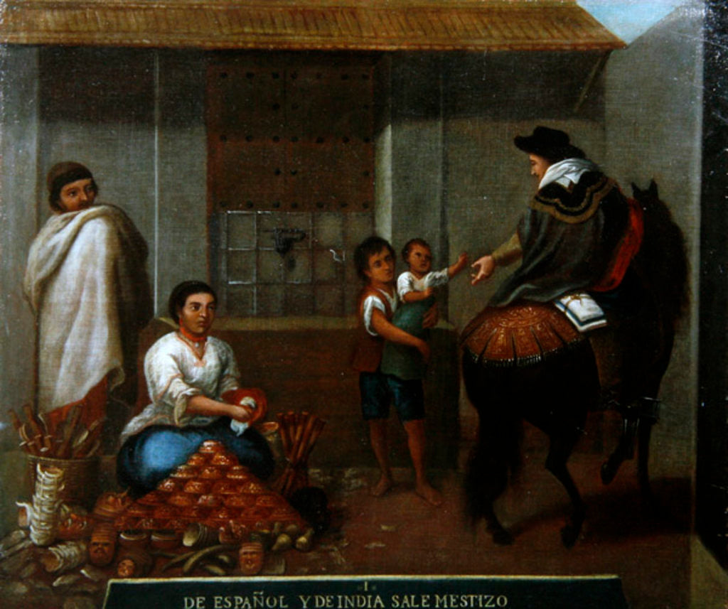 Detail of Three figures by a market stall by Mexican School