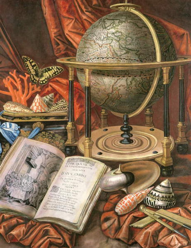 Detail of Still Life with a Globe, Books, Shells and Corals by Simon Renard de (workshop of) Saint-Andre