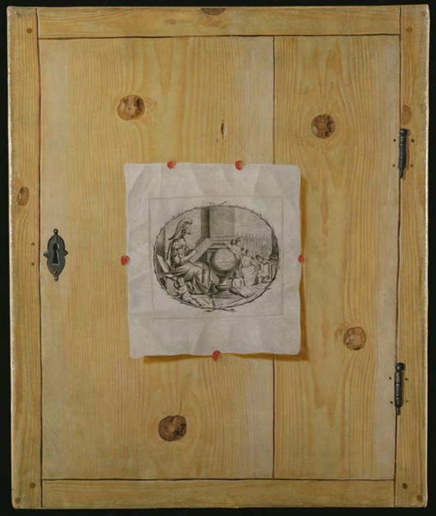 Detail of A Trompe l'Oeil of a Cabinet Door with an Engraving by German School
