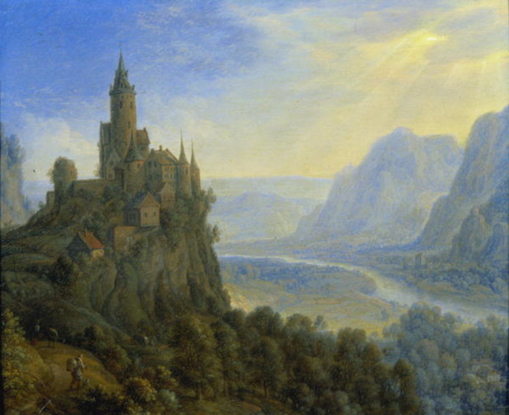 Detail of Mountainous landscape with a castle by Cornelis Saftleven