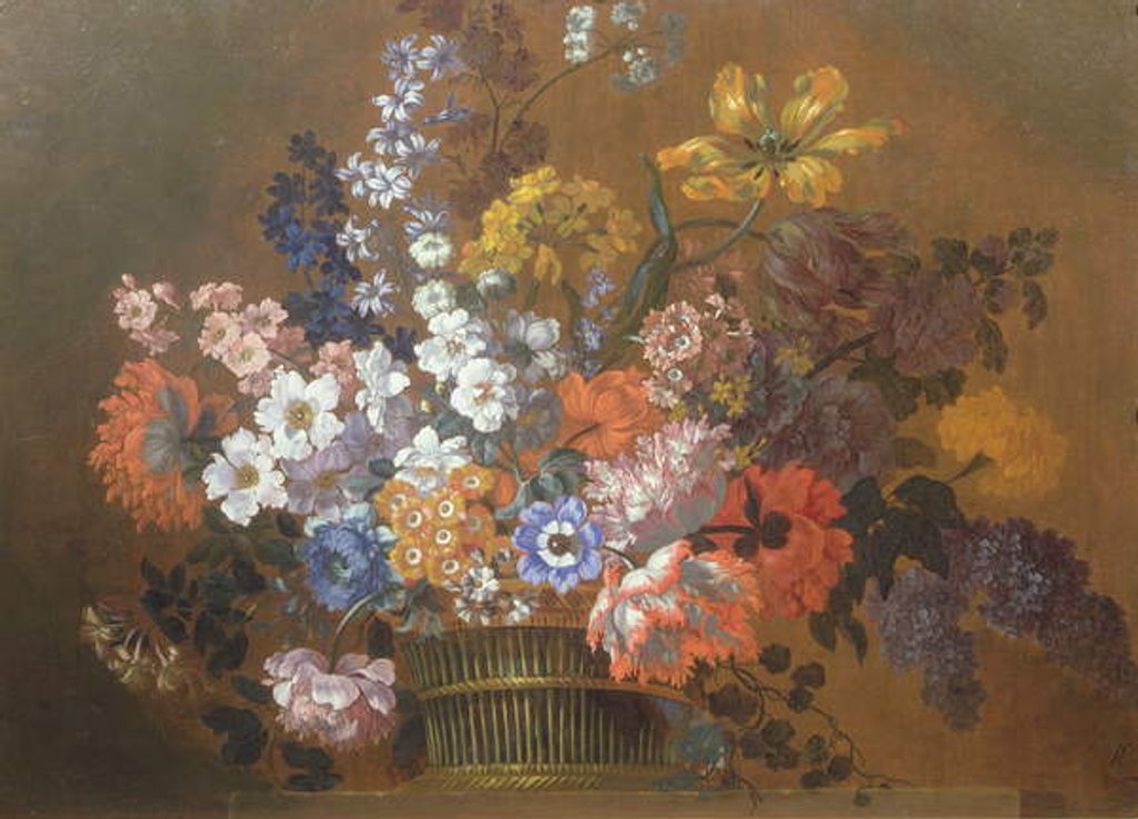 Detail of A Still Life of Flowers in a Basket on a Ledge by Pieter Casteels
