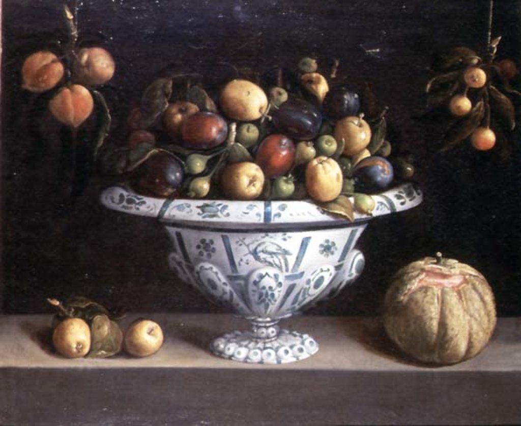 Detail of Still life of fruit in a blue and white bowl, c.1630 by Spanish School