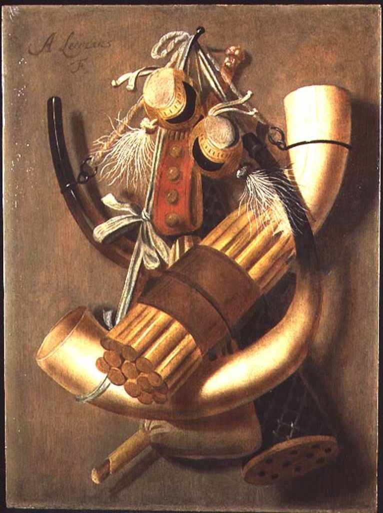 Detail of Still-life of hunting accessories by Antonius Leemans