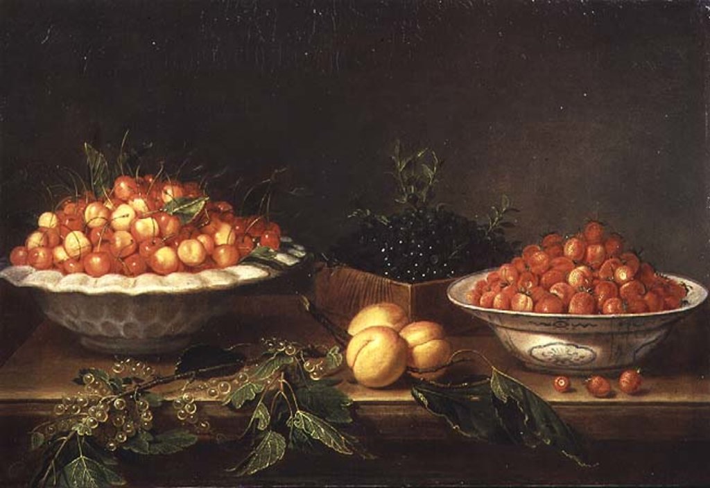 Detail of Still-life with fruit in porcelain dishes and a wooden box by Joseph Plepp