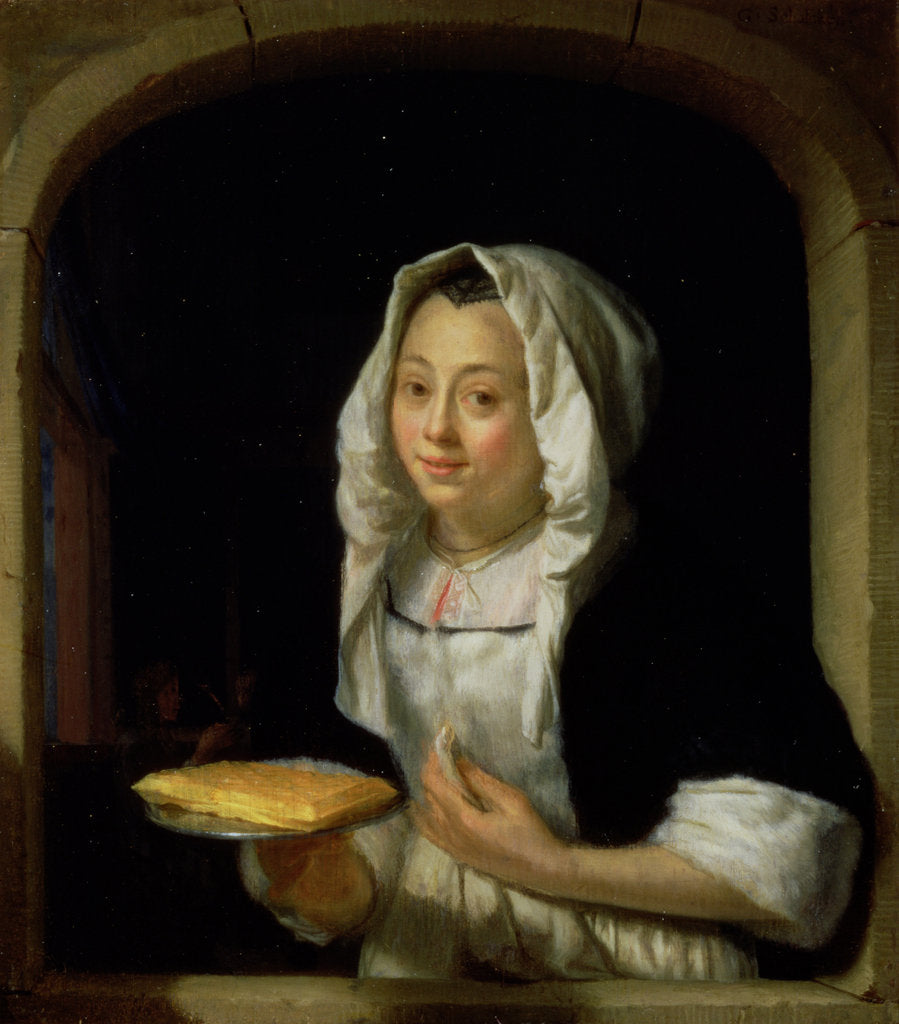 Detail of Portrait of a maid holding a waffle by Godfried Schalcken