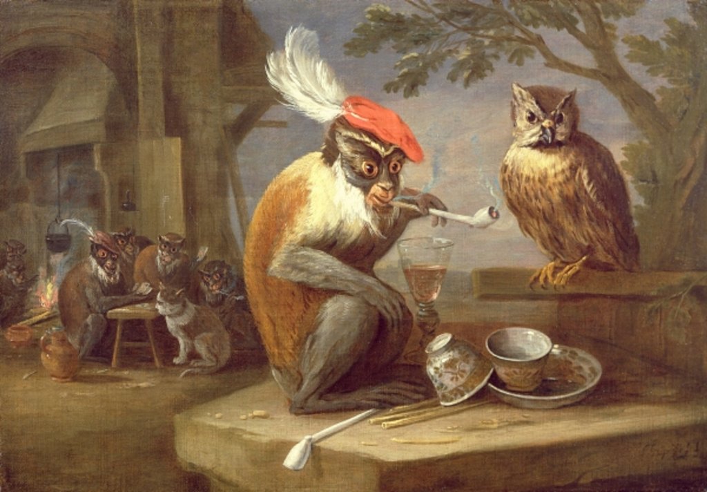Detail of A monkey smoking and drinking with an owl by Ferdinand van Kessel