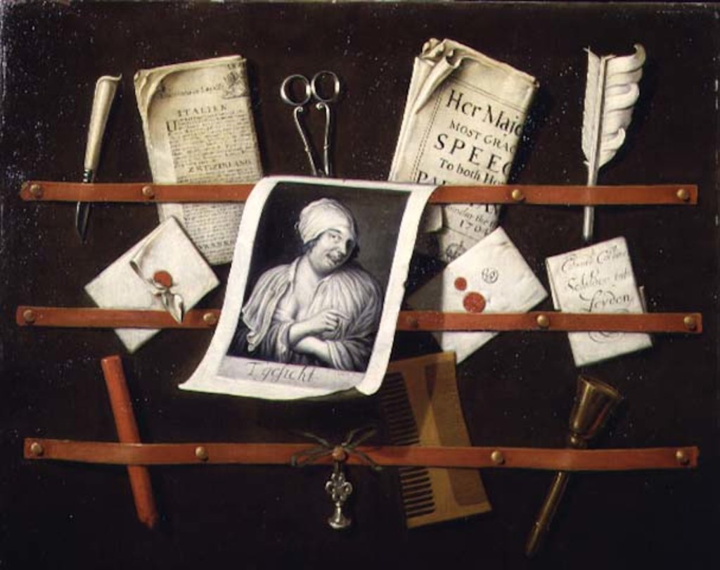 Detail of Trompe l'oeil letter rack with a print of a woman and a Parliamentary speech of 1704 by Edwaert Colyer or Collier