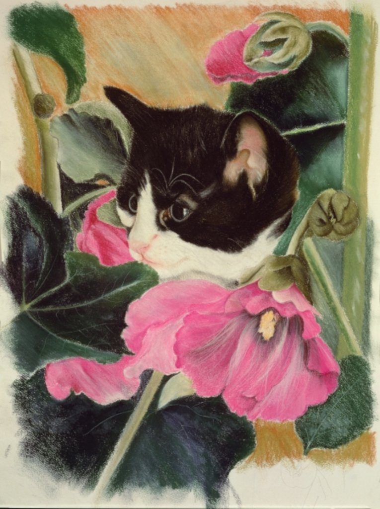 Detail of Kitten and hollyhocks by Anne Robinson