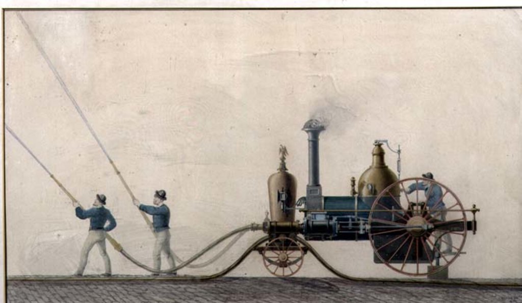 Detail of The first steam fire engine used in the United States in 1841, 1865 by P.R. Hodge
