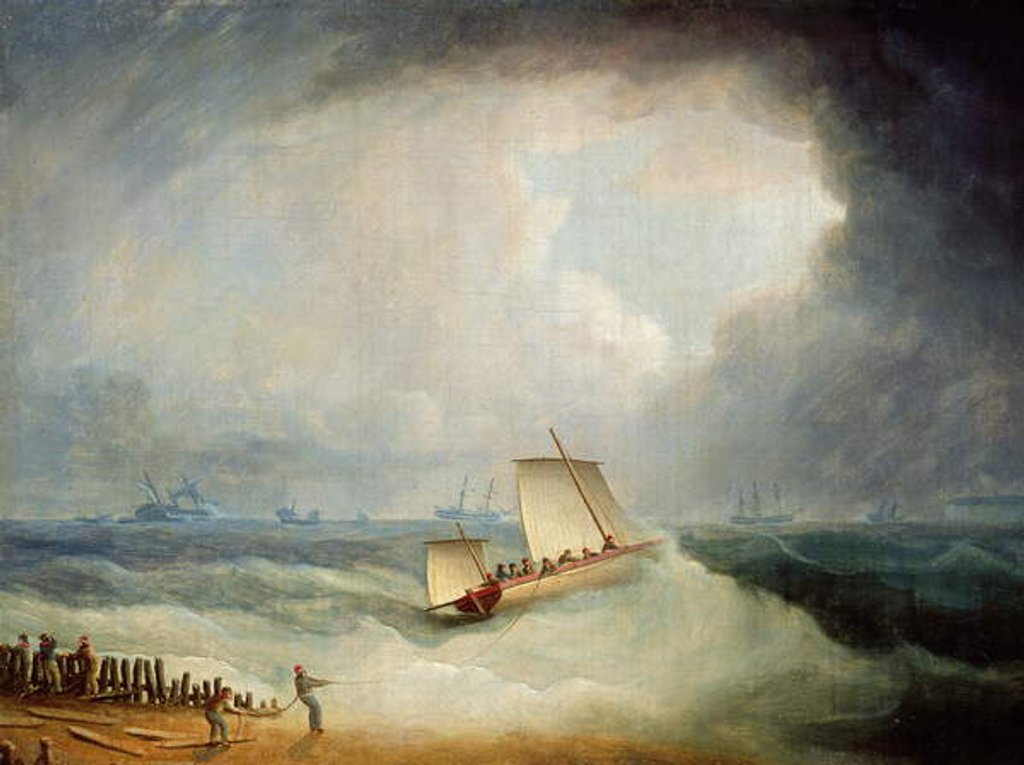 Detail of A Deal Lugger Going off to a Storm-bound Ship in the Downs, South Foreland by Thomas Buttersworth
