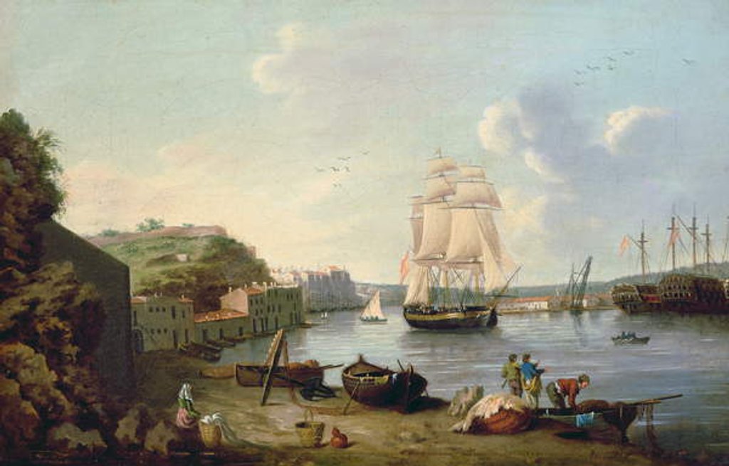 Detail of Ship under Sail in the Harbour at Port Mahon, Minorca by Anton Schantz