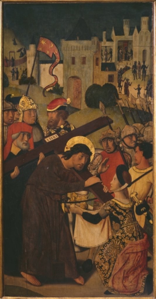 Detail of Passion Triptych, the Carrying of the Cross, left panel by Master of St. Godelieve Legend