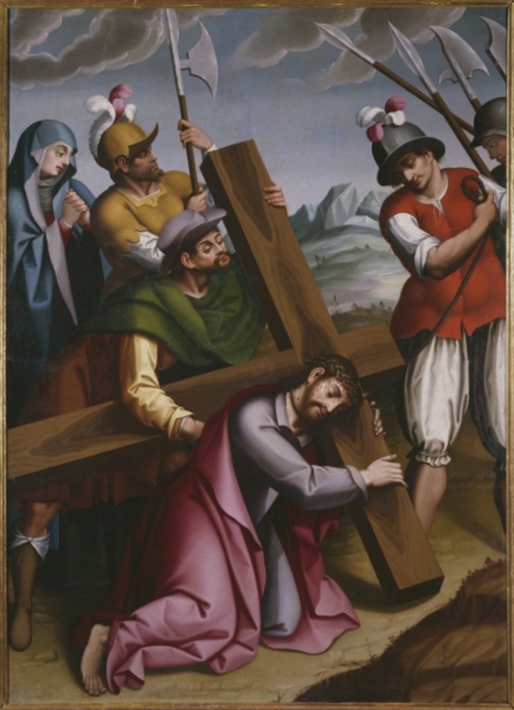Detail of The Bearing of the Cross, Simon of Cyrene helps Jesus by Spanish School
