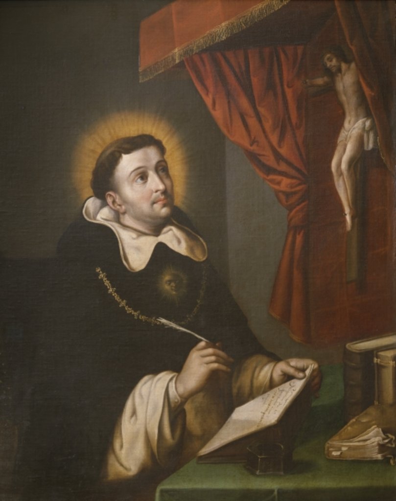 Detail of St. Thomas Aquinas writing before the crucifix by Antonio Rodriguez