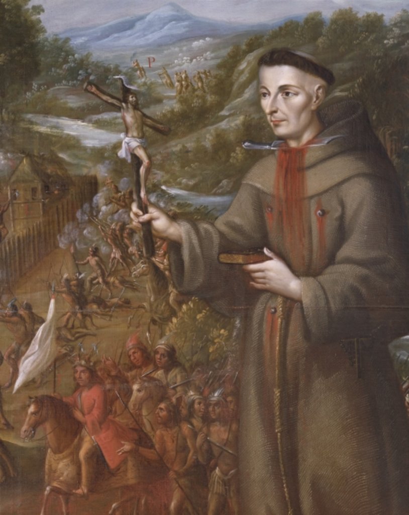 Detail of Destruction by the Indians of the mission of St. Saba in Texas and martyrdom of the Franciscan friar Jose de Sanriesban by Jose de or Joseph Paez