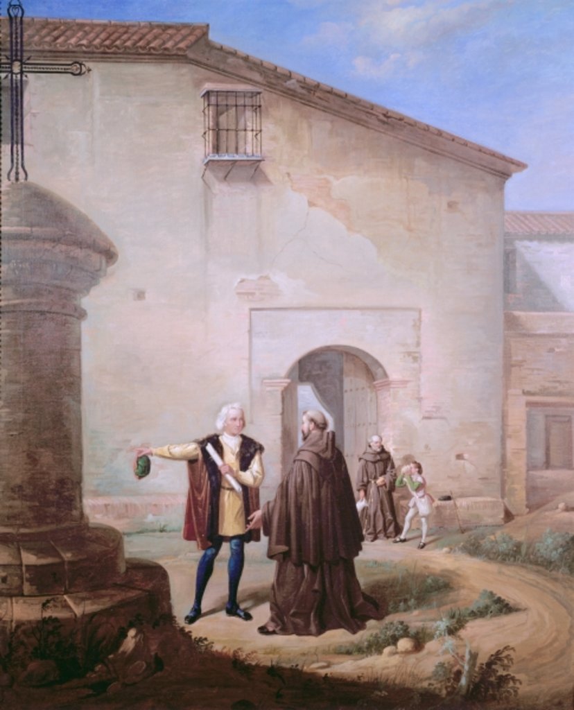 Detail of The Franciscan friars of the Convento of Santa Maria de la Rabida give bread and water to Christopher Columbus and his son Diego, 1858 by Antonio Cabral Bejarano