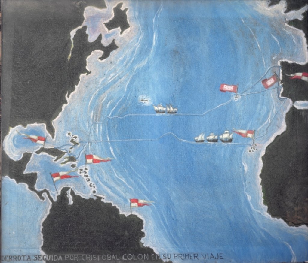 Detail of Map showing the route of Christopher Columbus on his first voyage to the New World by Spanish School