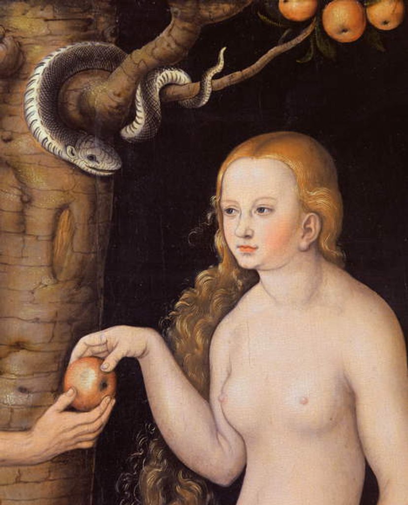 Detail of Eve offering the apple to Adam in the Garden of Eden and the serpent, c.1520-25 by Lucas the Elder Cranach