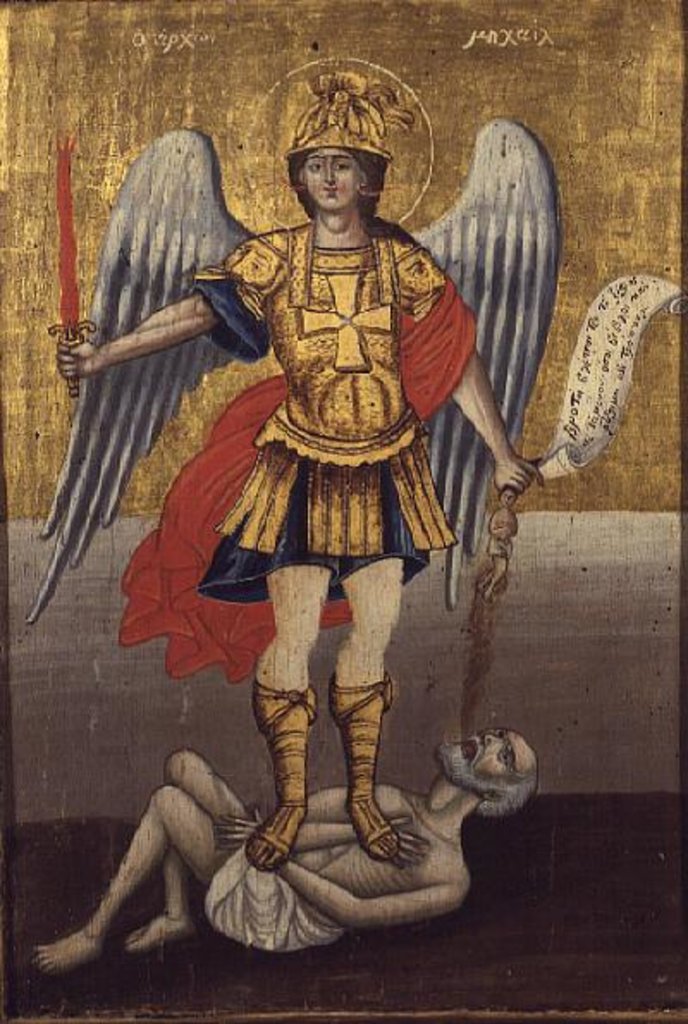 Detail of Archangel Michael: Greek icon from the Cyclades, dated 1817 with contemporary frame by Anonymous