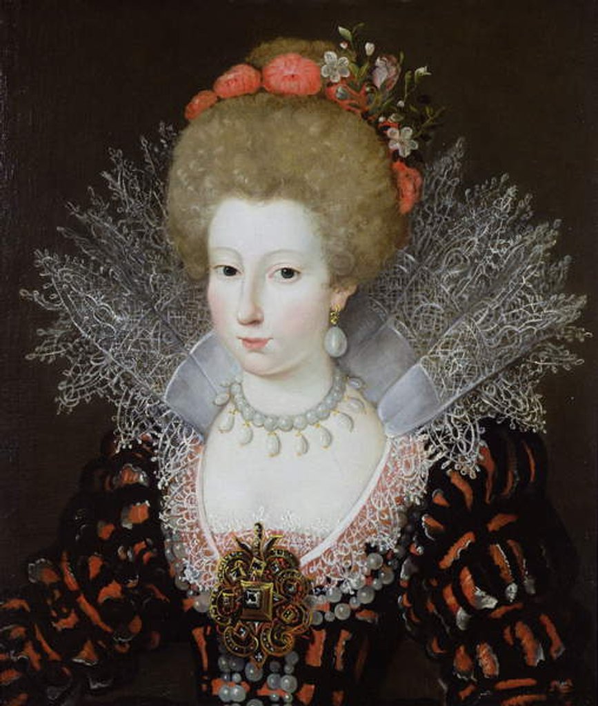 Detail of Portrait of a lady in a high lace collar and jewelled silk costume, early 17th century by Marguerite Bunel