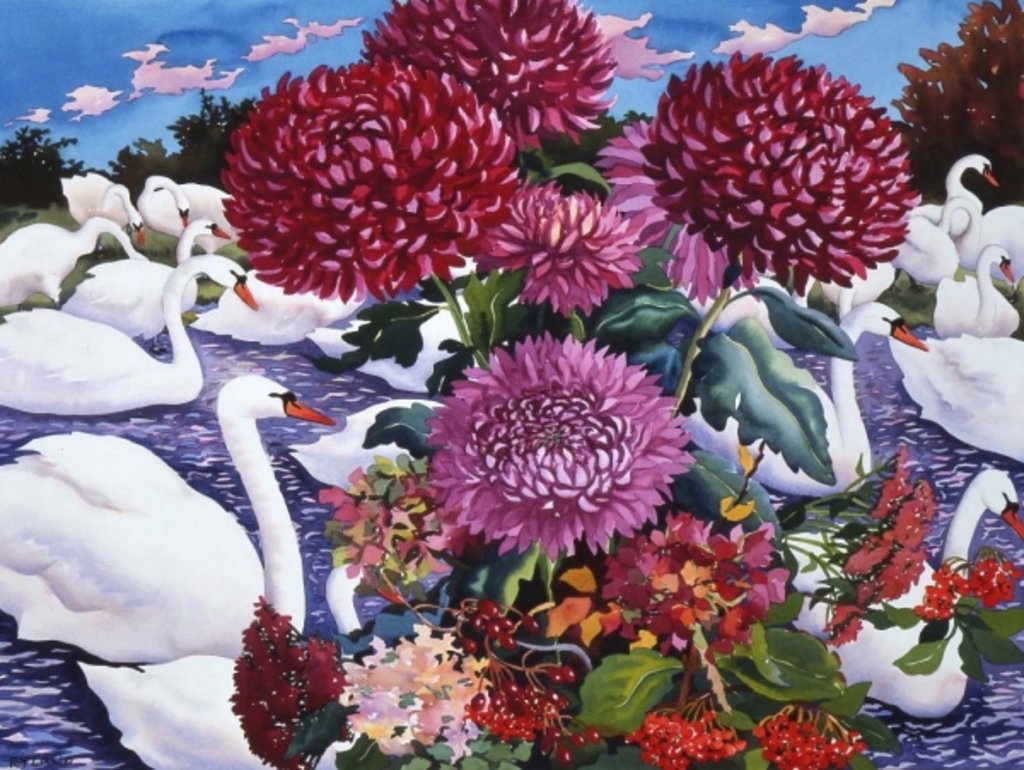 Detail of Swans and Chrysanthemums, 2005 by Christopher Ryland