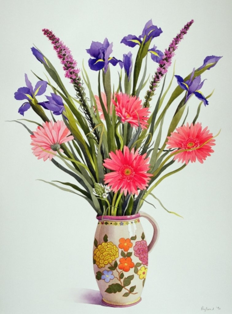 Detail of Irises and Gerbera in a Dutch Jug, 1990 by Christopher Ryland