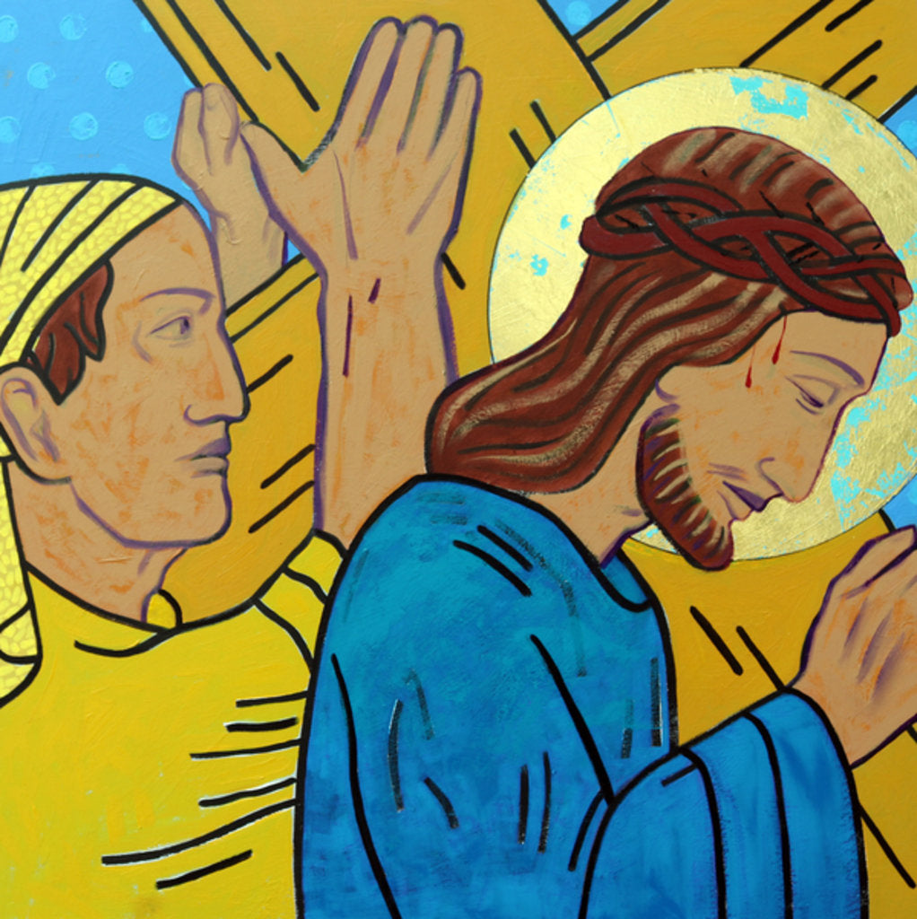 Detail of Simon helps Jesus, 2017 by Sara Hayward