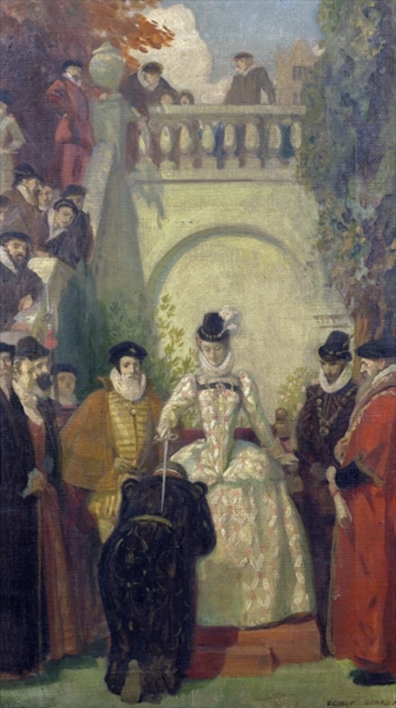 Detail of Queen Elizabeth I knighting Sir John Young on the steps of his property, The Great House, Bristol, 1910-20 by Ernest Board