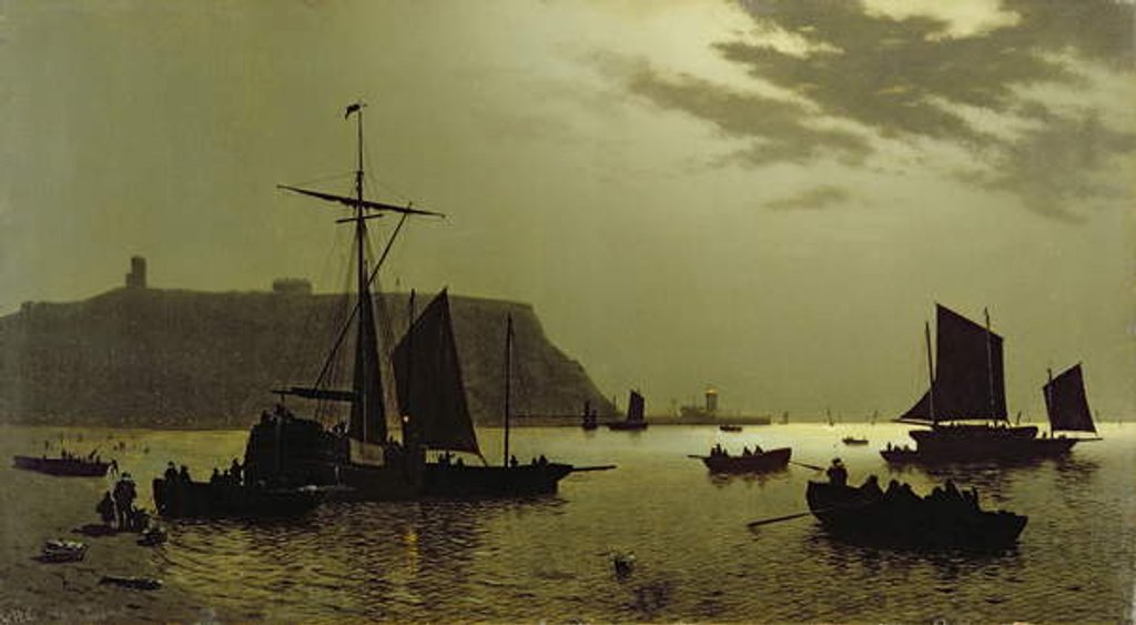 Detail of Scarborough Castle Hill and Harbour by Moonlight, 1876 by Henri Philippe Neumans