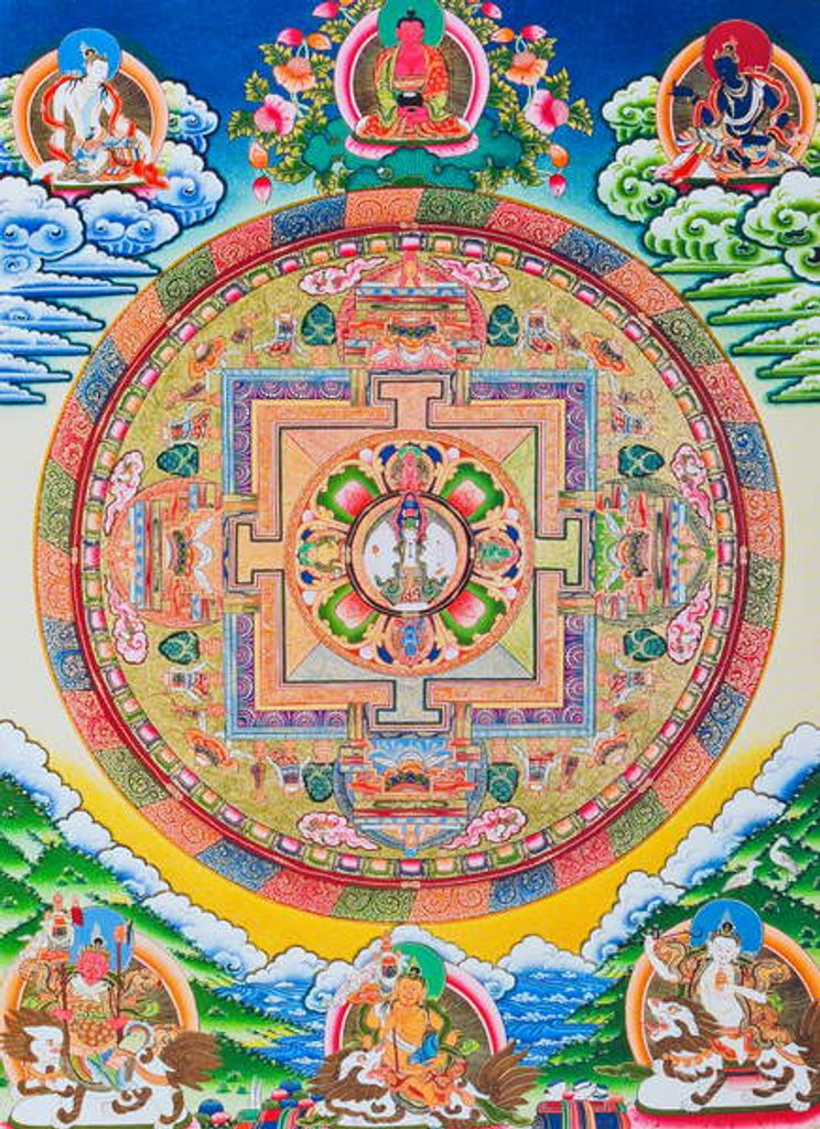 Detail of Mandala with one thousand arms Avalokiteshvara; the sacred, magical circle depicting the eleven headed Bodhisattva symbolising infinite compassion by School Nepalese
