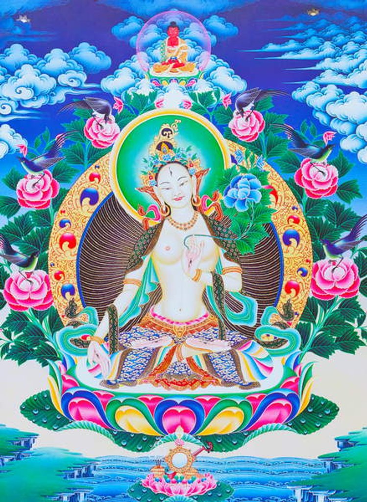 Detail of Image depicting the white Tara, the seven eyed divine mother seated on a lotus with her right hand in varada mudra position symbolising generosity by School Nepalese