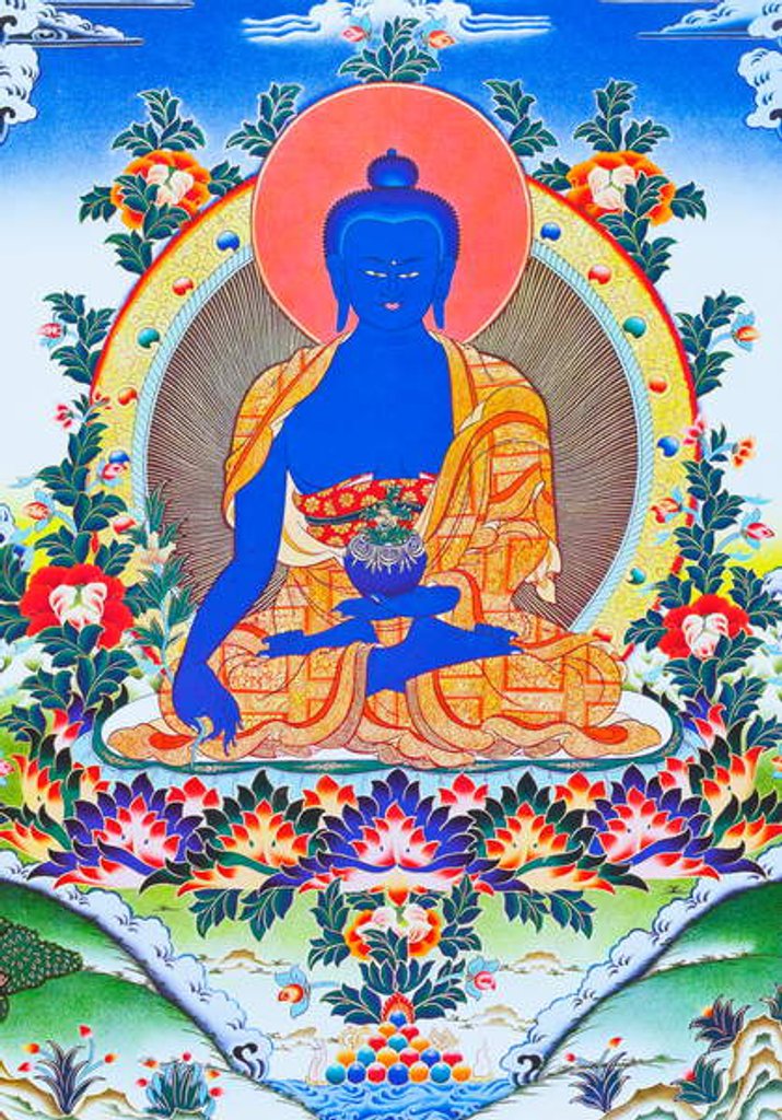 Detail of Image depicting the medicine Buddha, the supreme healer in monastic robes with a bowl containing the medicinal plant arura in the left hand by School Nepalese