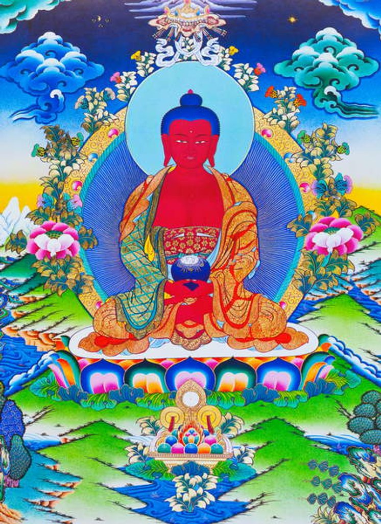 Detail of Image depicting Amitabha Buddha seated on a lotus by School Nepalese