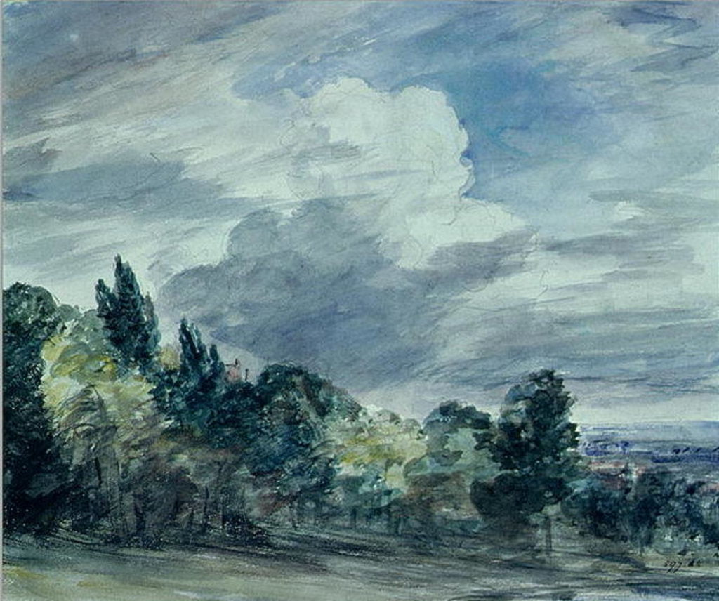 Detail of View over a wide landscape, with trees in the foreground, September 1832 by John Constable