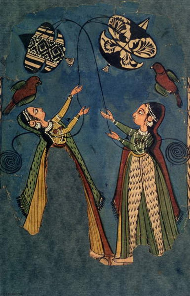 Detail of Girls flying kites, Kulu folk painting, Himachal Pradesh by Indian School