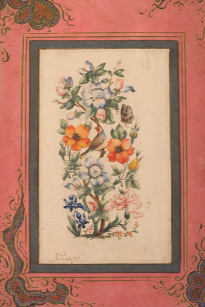 Detail of A stalk of flowers with a bird and a butterfly by Nasr-Allah al-Husayni al-Imami