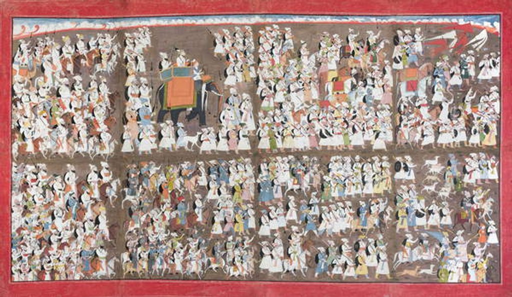 Detail of Sansar Chand seated on an elephant, surrounded by an army on foot and on horseback, c.1790 by Purkhu Purkhu