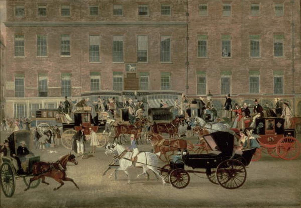 Detail of Hatchetts - the White Horse Cellar, Piccadilly, the Devonport Mail and a Barouche in the Foreground by James Pollard