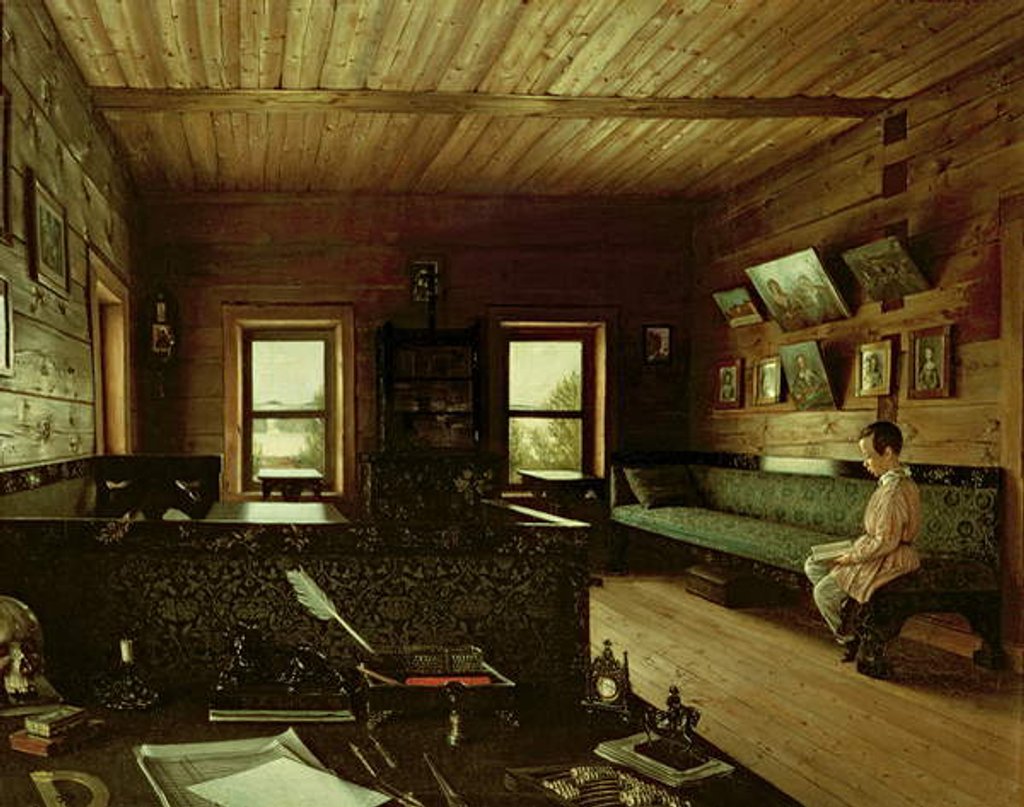 Detail of The Study in the House of Nikolai Milyukov at Ostrovky, 1844 by Grigori Vasilievich Soroka
