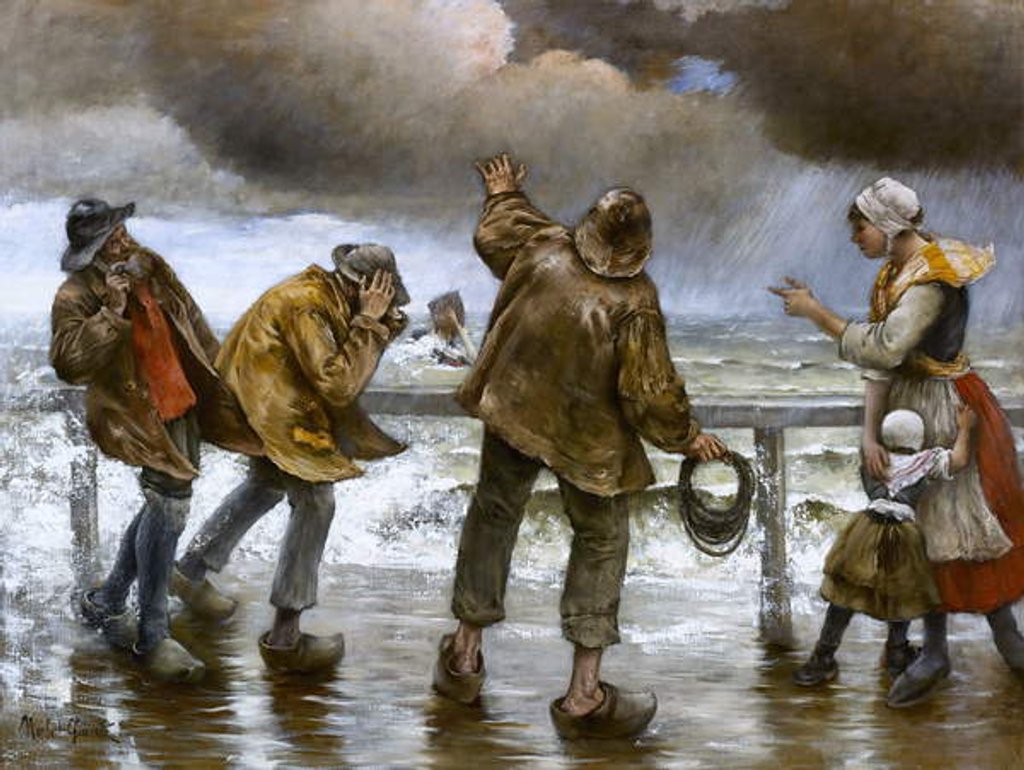 Detail of Villagers on the Jetty during a Rainstorm by Norbert Goeneutte
