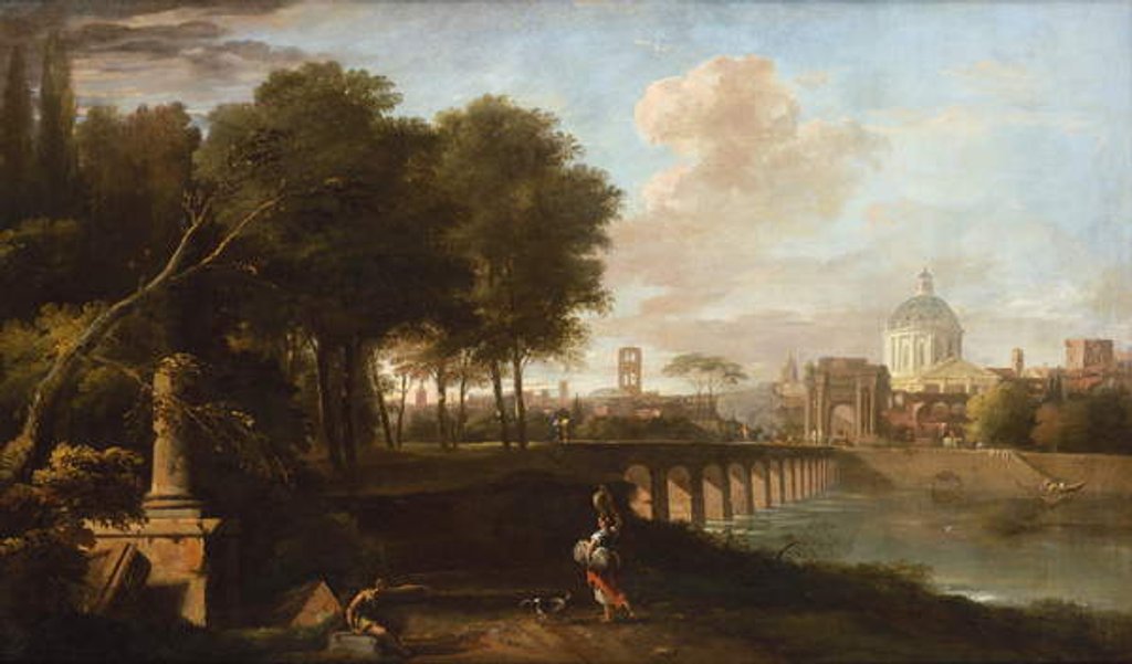 Detail of Classical Landscape, with Wren’s dome of King Charles Court, Greenwich Hospital, c.1710 by Marco Ricci