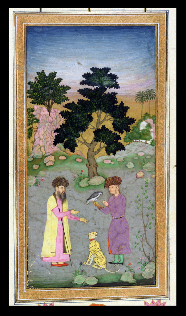 Detail of Falconer with companion and pet cheetah by Mughal School