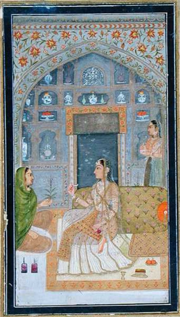 Detail of Lady seated in a Pavilion with attendants by School Mughal