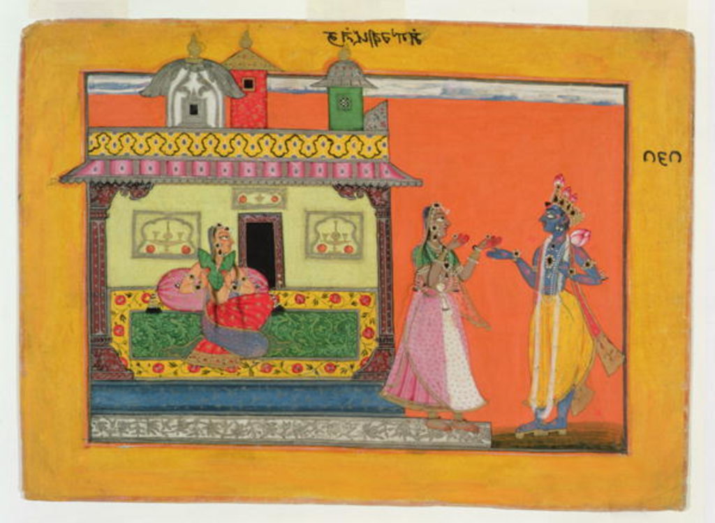 Detail of Krishna arriving at Radha's house by Pahari School