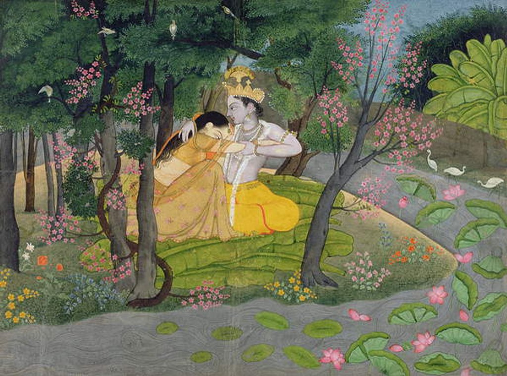 Detail of Radha and Krishna embrace in a grove of flowering trees, c.1780 by Indian School