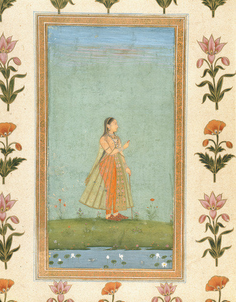 Detail of Lady holding a flower, standing by a lily pond by School Mughal