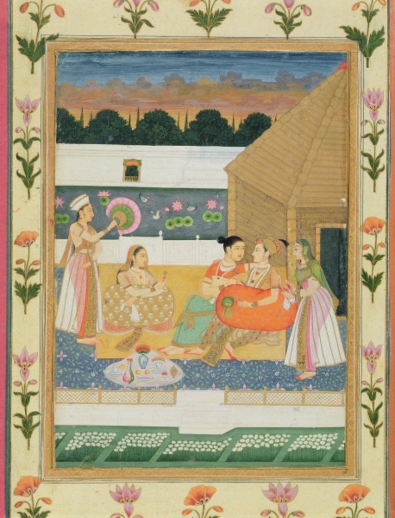 Detail of Couple on a terrace at sunset by School Mughal